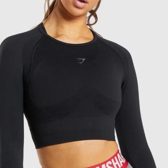 Gymshark Black Long Sleeve Crop Top Sz S - Picture 1 of 8